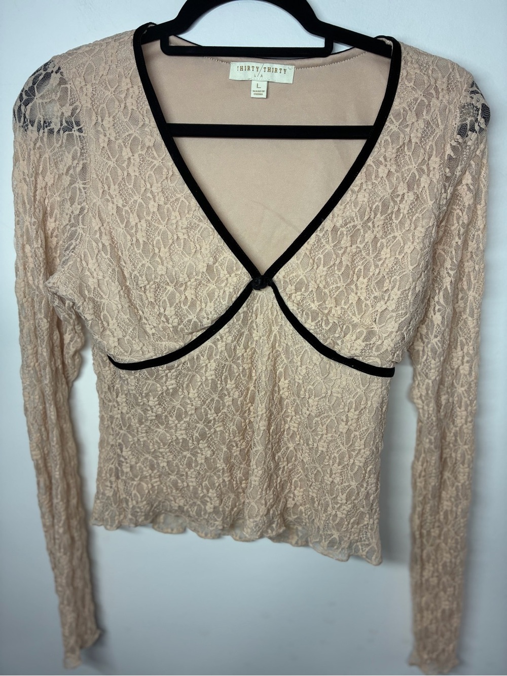 Thirty/Thirty Blush Lace Long-Sleeve Top with Black Trim